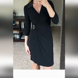 Anne Klein Dark Military Green Midi Dress with Gold Buckle